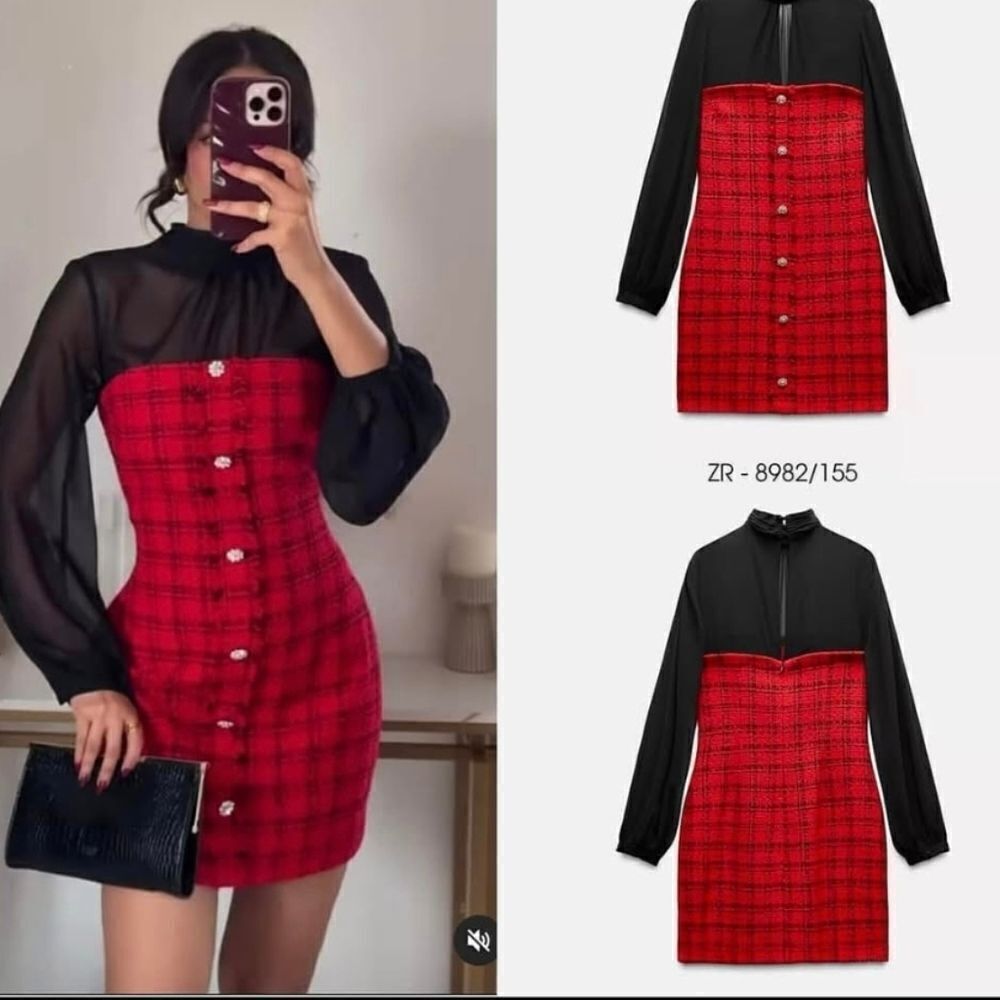 NWT ZARA Bloggers Fav COMBINATION STRUCTURED DRESS Mini Red black tweed Jewel - Picture 14 of 17